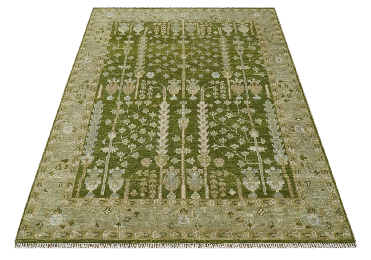 Alfombra de lana anudada a mano, tradicional y personalizada, con diseño Árbol de la vida verde y plata