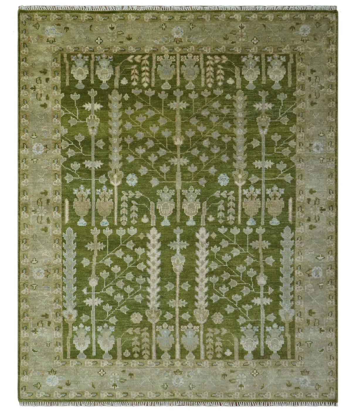 Tree of life Green and Silver Hand Knotted Traditional Custom Made wool rug