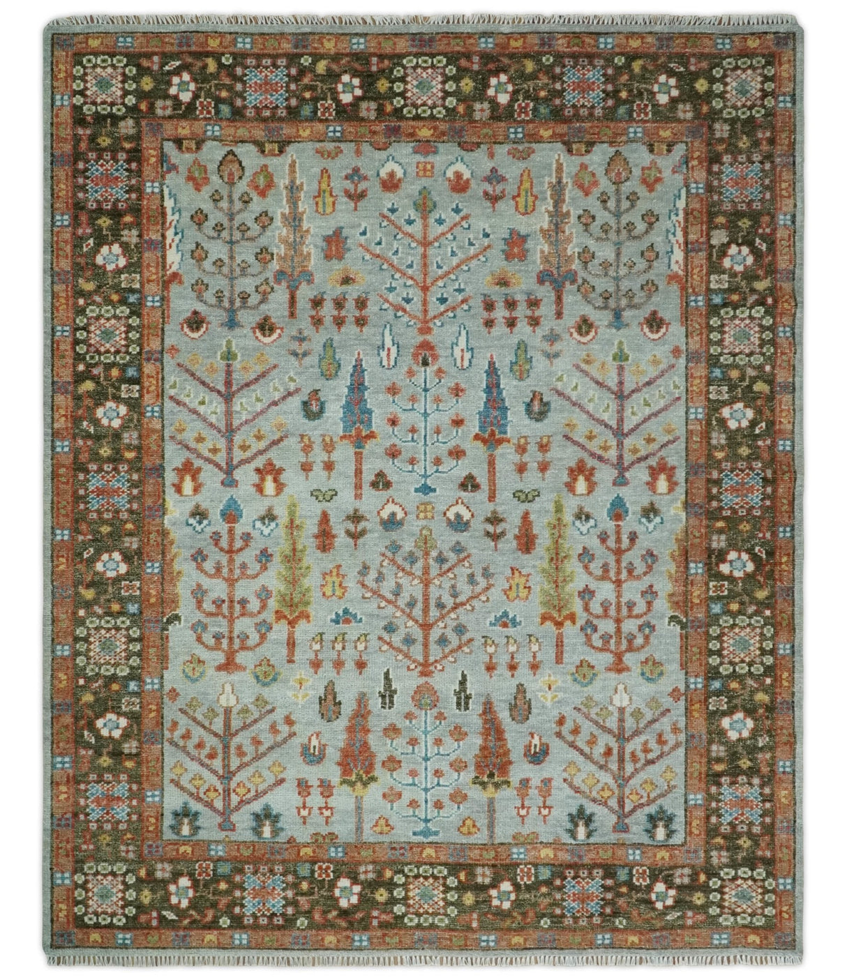 Tree of Life Hand Knotted Silver, Brown and Rust Traditional Wool Rug