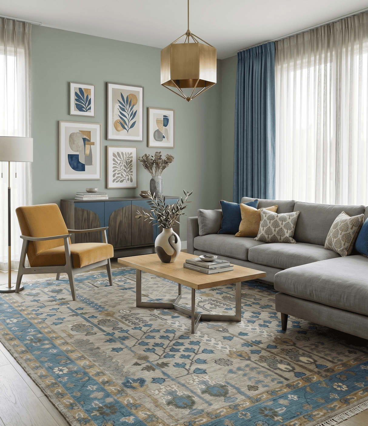 Tree of life Hand Knotted Traditional Beige and Blue Vintage Style Custom Made Wool Area Rug