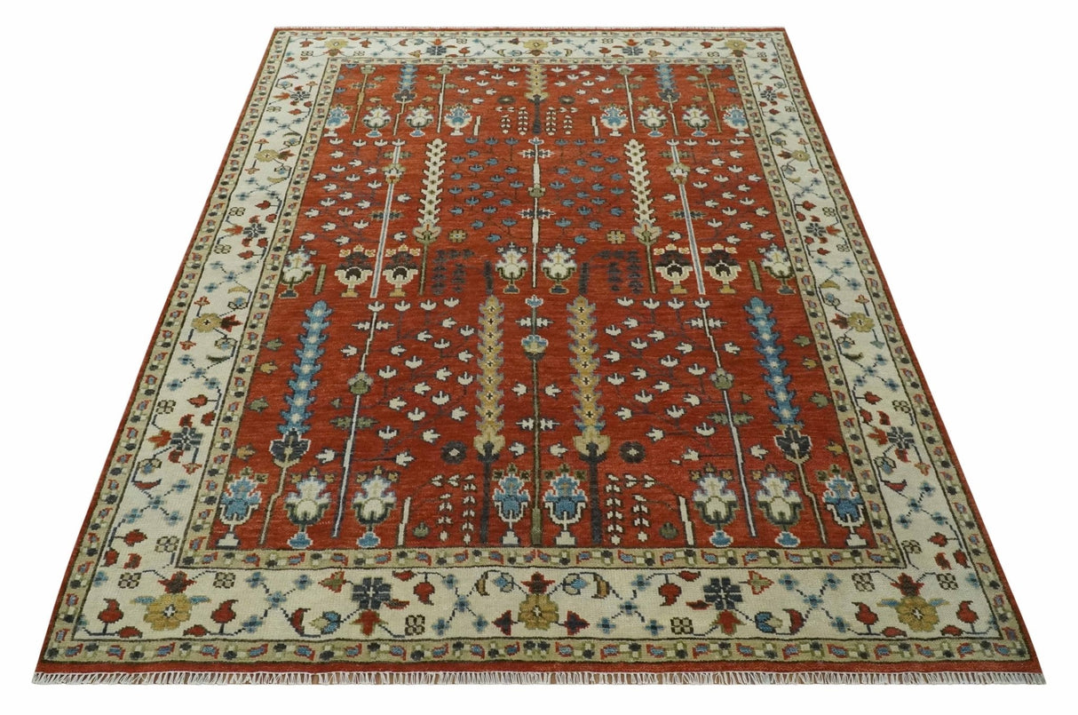 Tree of Life Rust and Ivory Traditional Hand Knotted Turkish Design Wool Area Rug