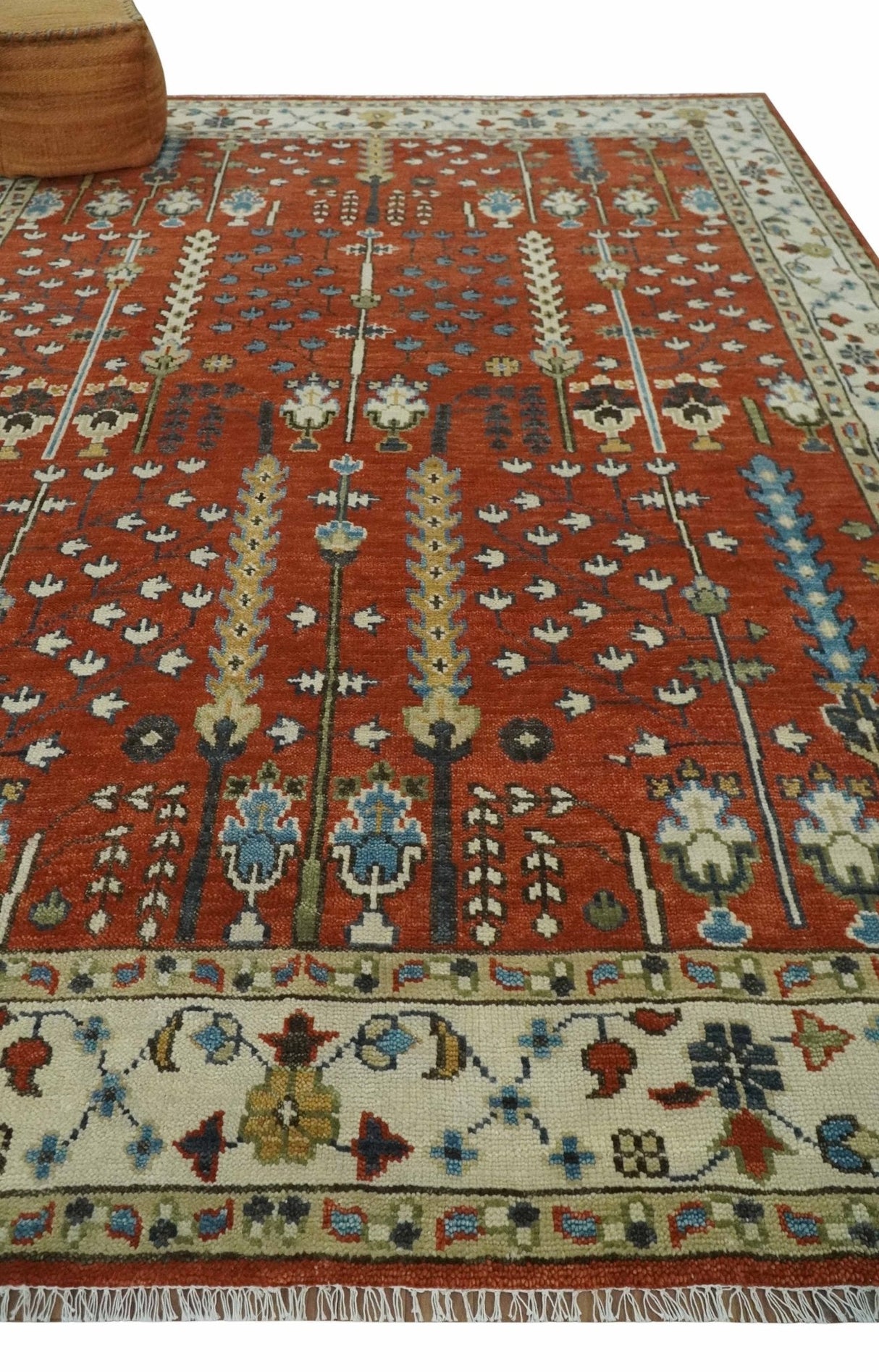 Tree of Life Rust and Ivory Traditional Hand Knotted Turkish Design Wool Area Rug