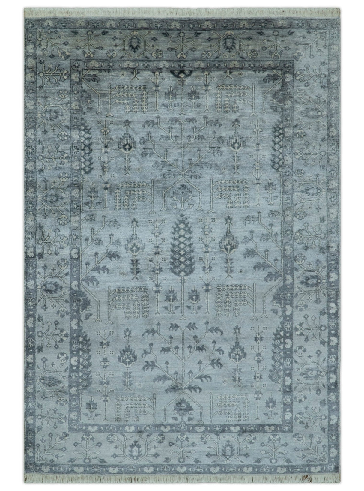 Tree of Life Silver And Gray 6x9 Hand Knotted Bamboo Silk Area Rug