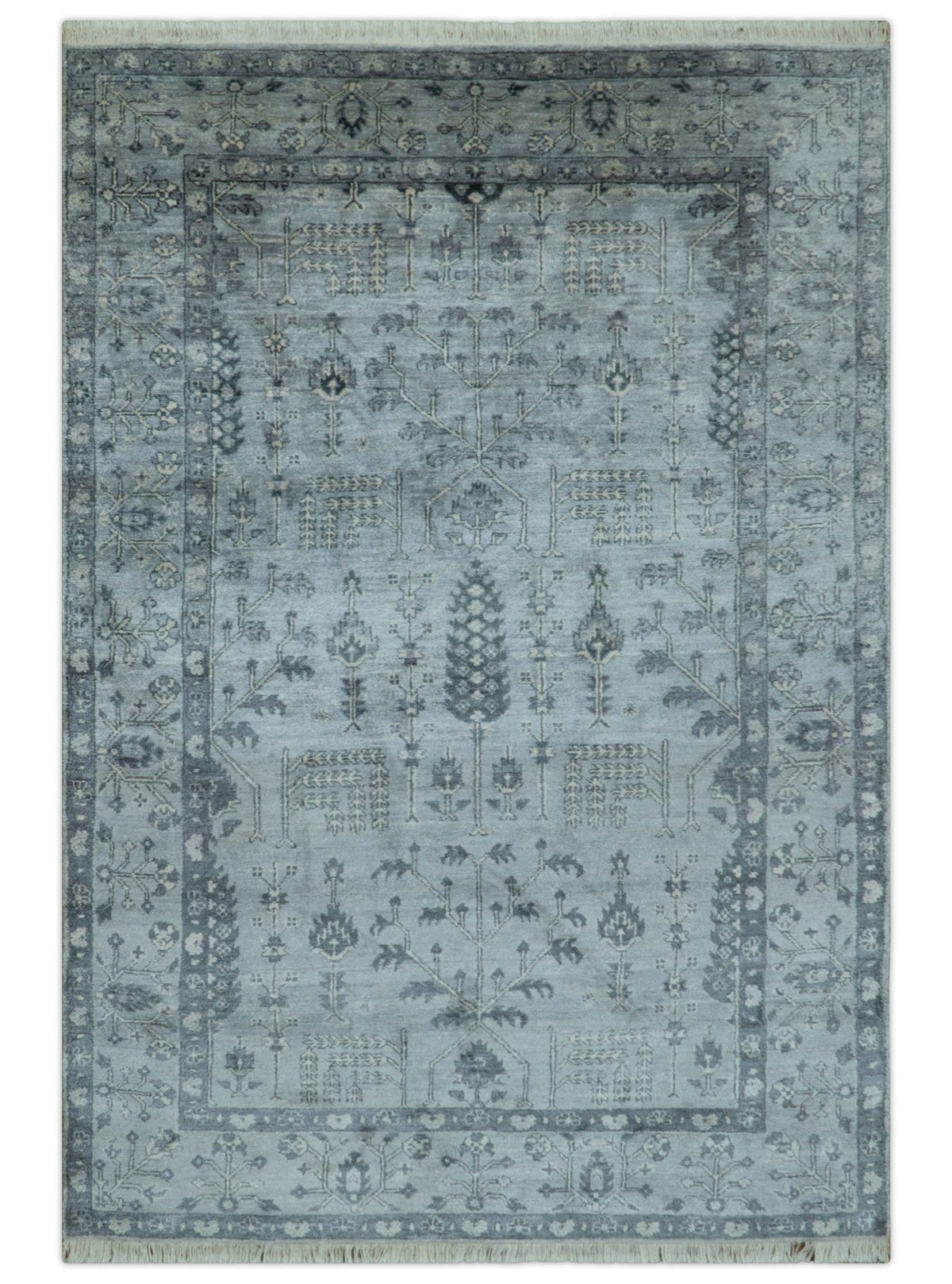 Tree of Life Silver And Gray 6x9 Hand Knotted Bamboo Silk Area Rug