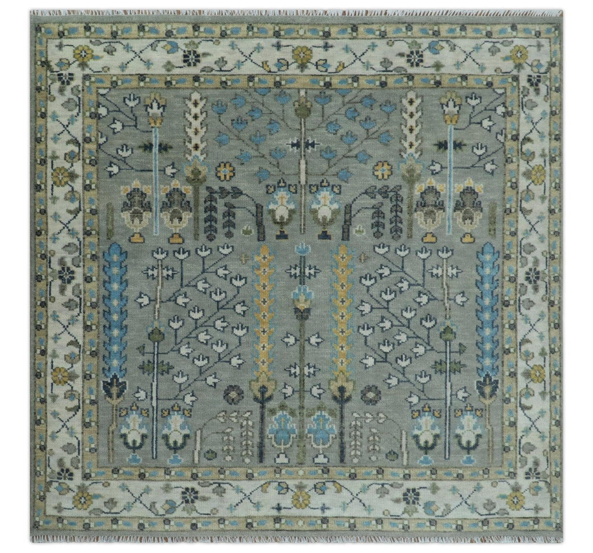 Tree of life Silver and Ivory Hand Knotted Traditional Multi Size Wool Area Rug