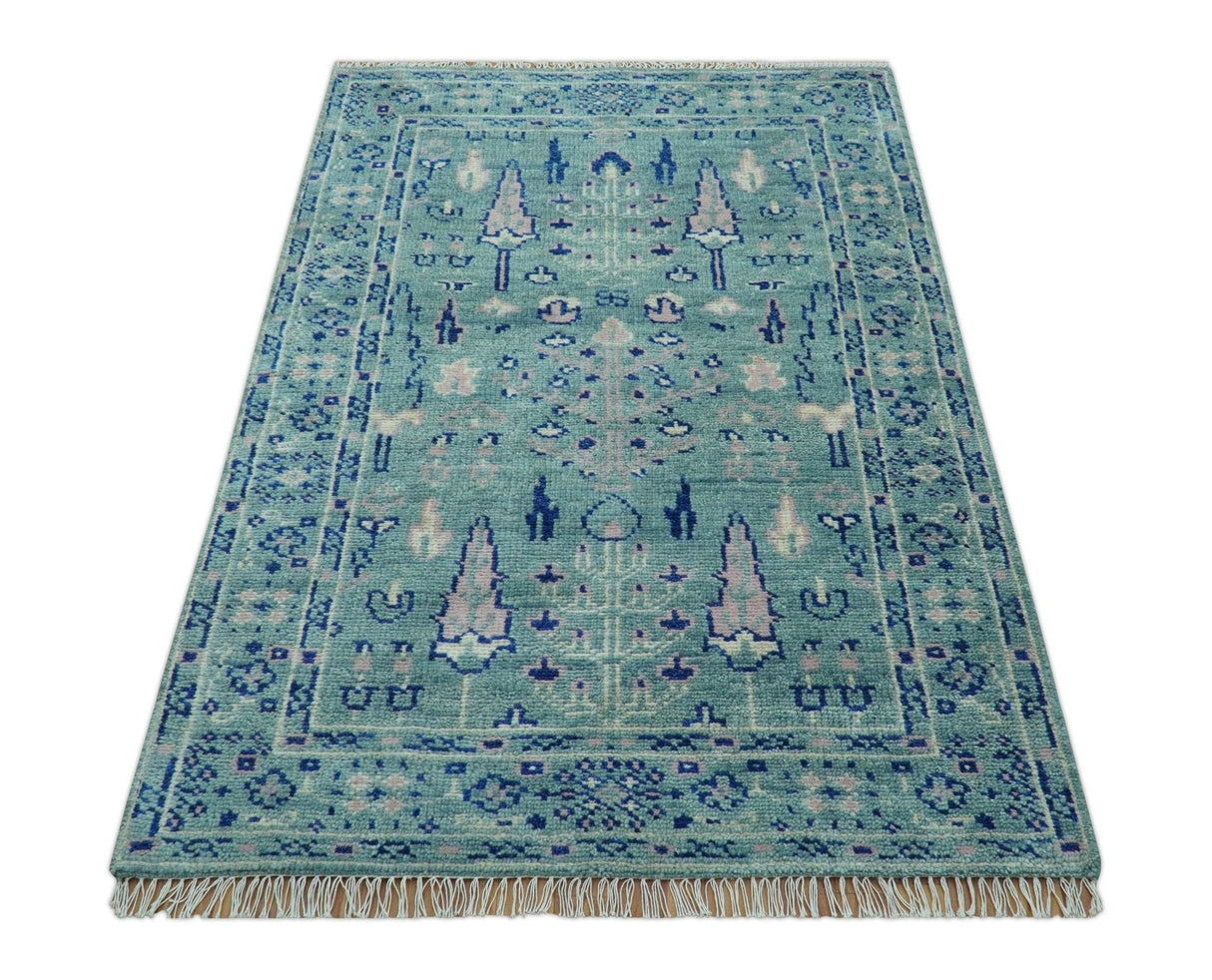 Tree of life Teal And Blue Hand knotted 4x6 Wool Area Rug