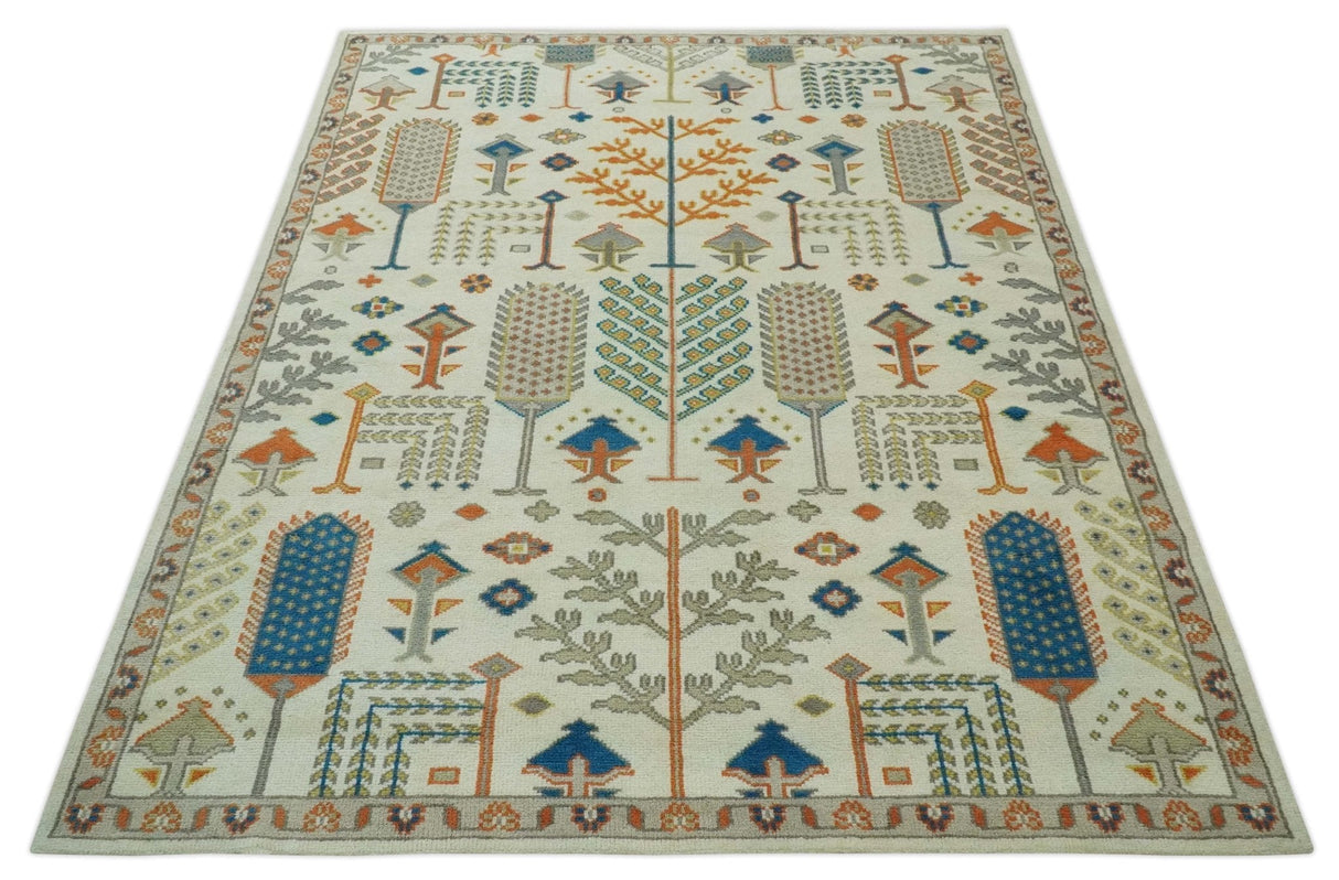 Tree of life Traditional Floral Ivory, Blue and Rust Hand Knotted Multi Size Wool Area Rug