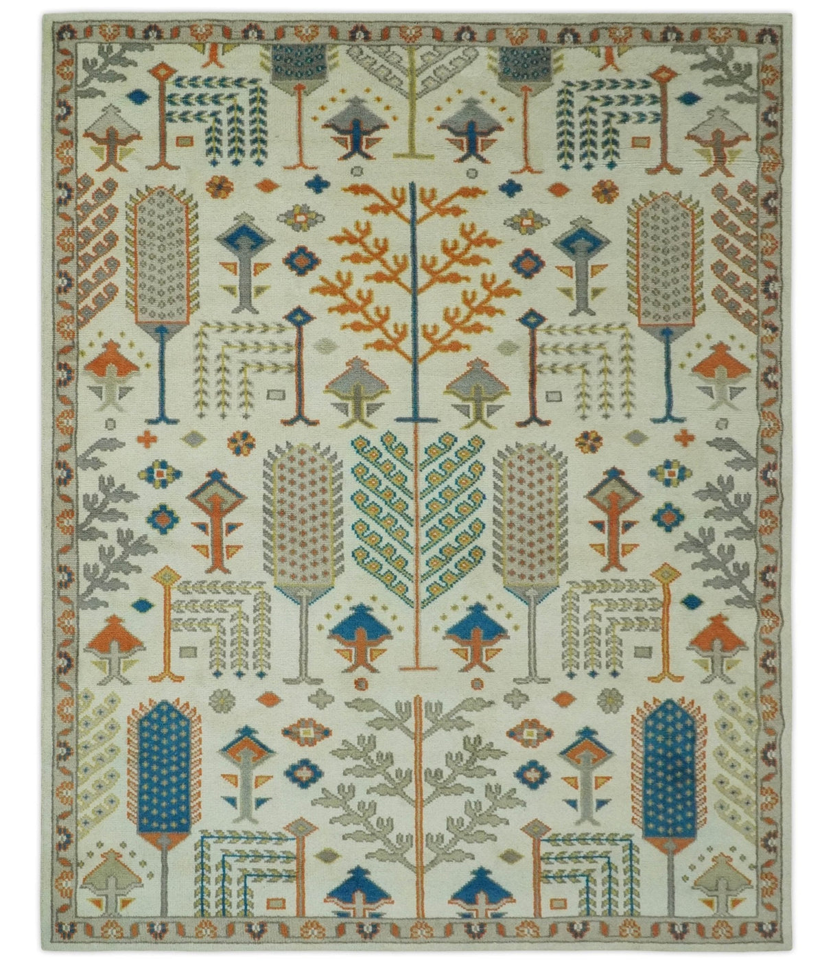 Tree of life Traditional Floral Ivory, Blue and Rust Hand Knotted Multi Size Wool Area Rug