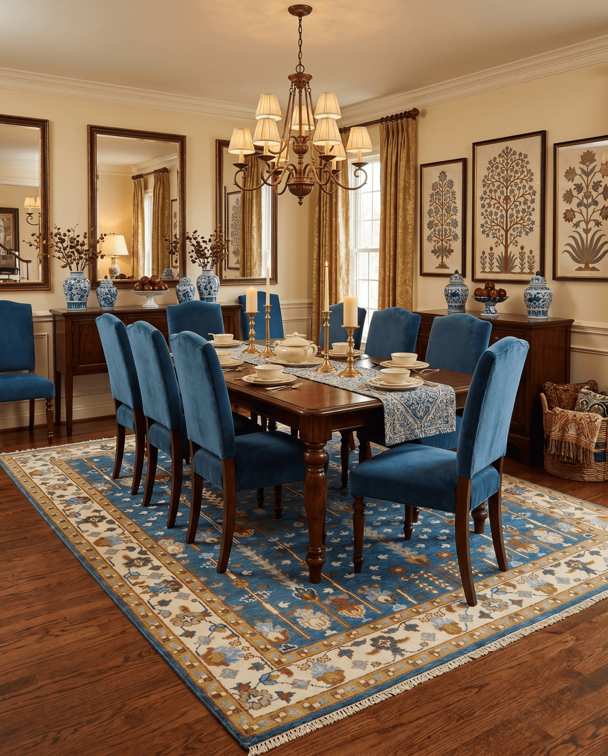 Tree of Life Traditional Hand Knotted Teal Blue and Ivory Custom Made Wool Area Rug
