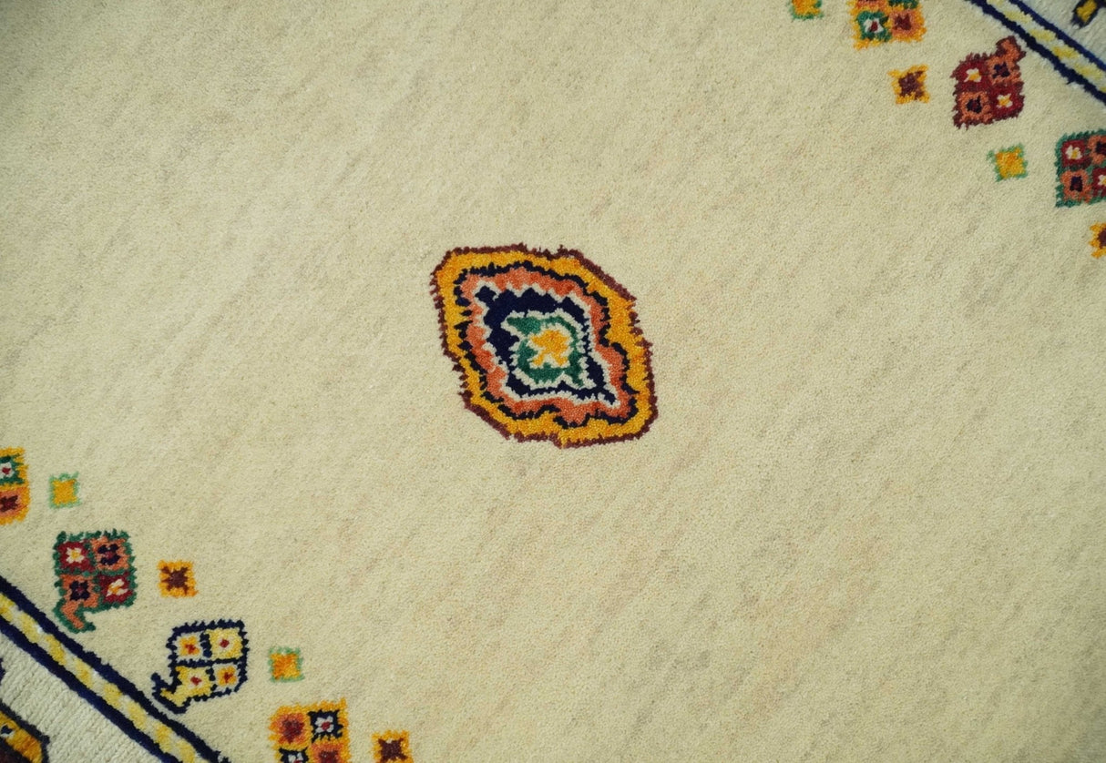 Tribal Art 5x7 Ivory and Beige Hand Spun Wool Hand Woven Southwestern Gabbeh Rug | KNT43-Area Rug-Parc Decor