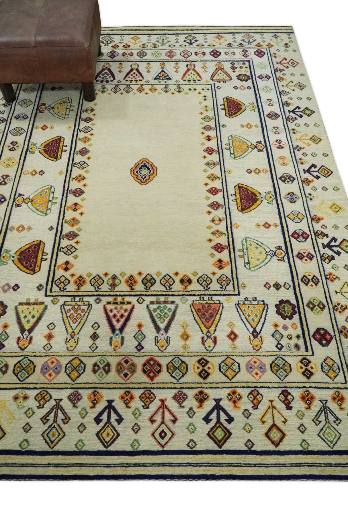 Tribal Art 5x7 Ivory and Beige Hand Spun Wool Hand Woven Southwestern Gabbeh Rug | KNT43-Area Rug-Parc Decor