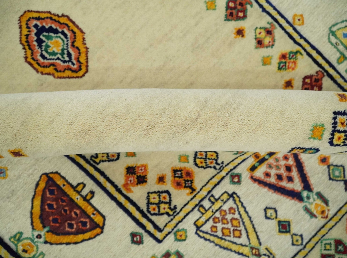 Tribal Art 5x7 Ivory and Beige Hand Spun Wool Hand Woven Southwestern Gabbeh Rug | KNT43-Area Rug-Parc Decor