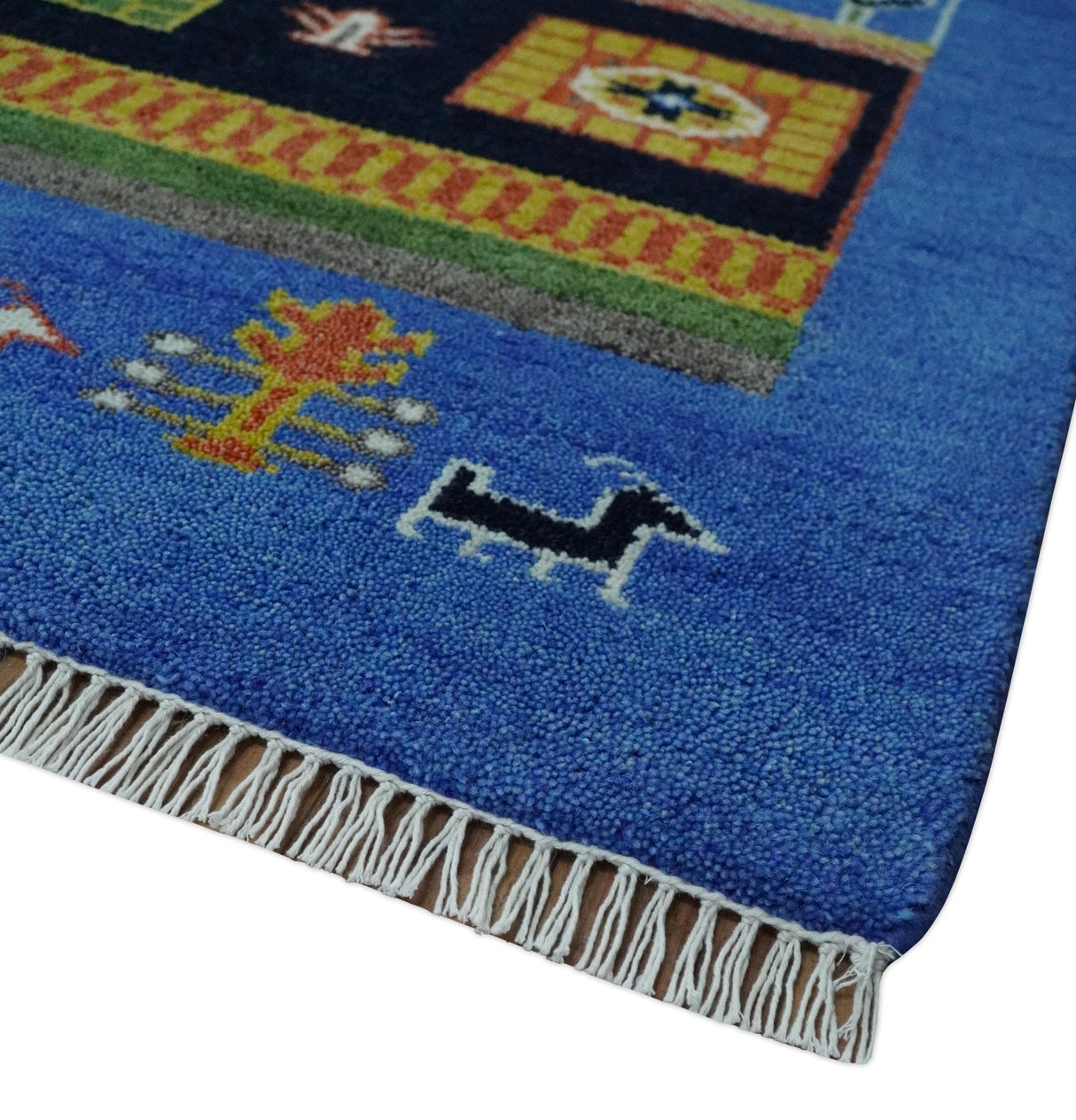 Tribal Gabbeh Blue, Black, Green and Rust Hand knotted Antique Look Traditional Wool Area Rug