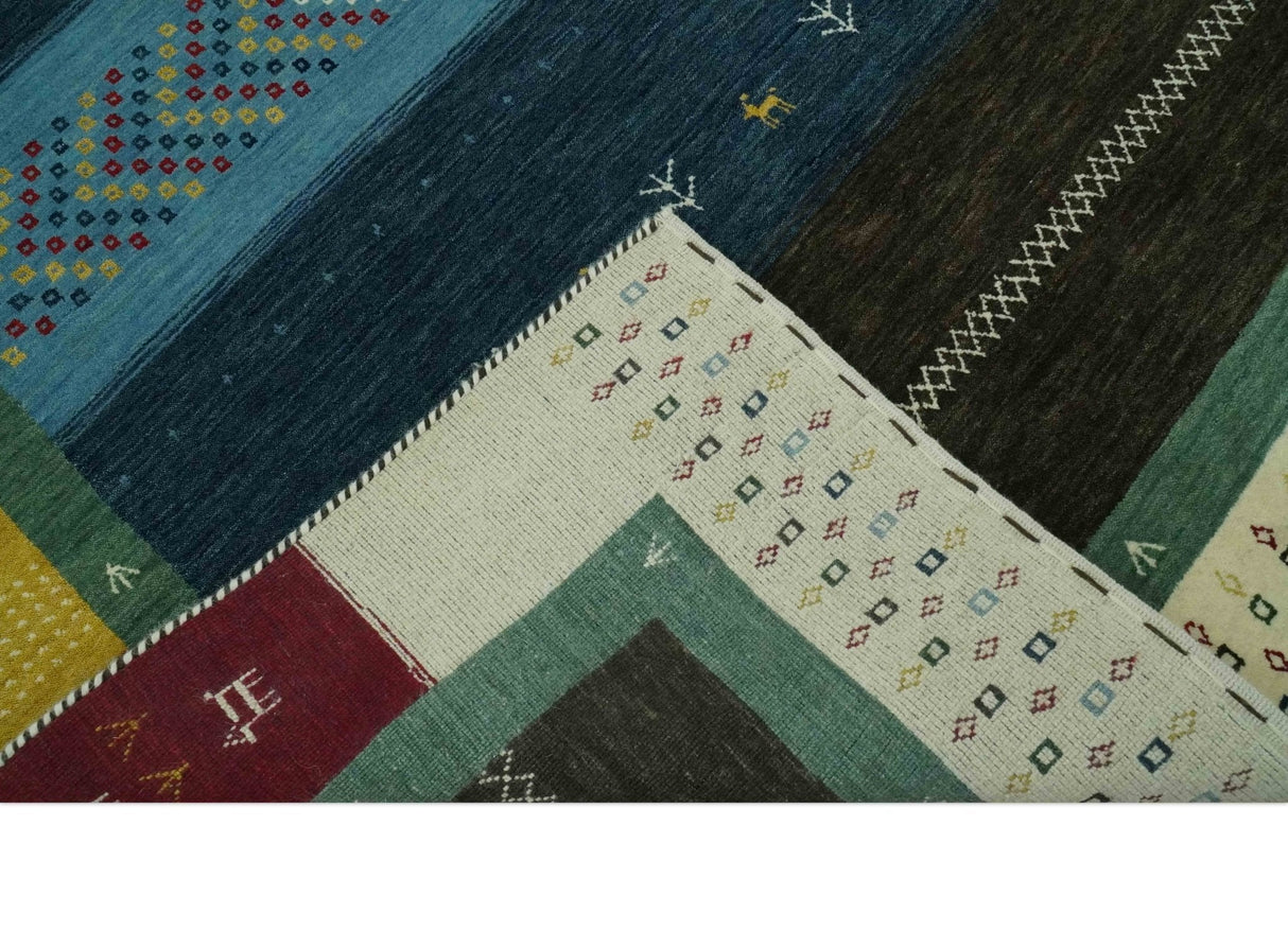 Tribal Gabbeh Blue, Gold, Maroon and Ivory Stripes design Traditional Wool Area Rug