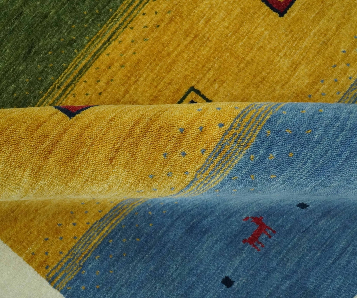 Tribal Gabbeh Green, Gold, Blue, Maroon and Ivory Stripes design Traditional Wool Area Rug