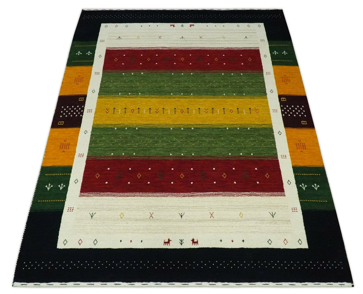Tribal Gabbeh Green, Gold, Ivory, Maroon and Black Stripes design Traditional Hand loom Wool Area Rug