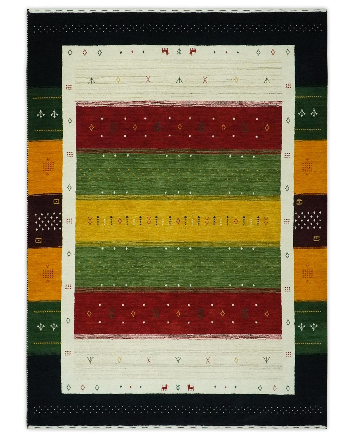 Tribal Gabbeh Green, Gold, Ivory, Maroon and Black Stripes design Traditional Hand loom Wool Area Rug
