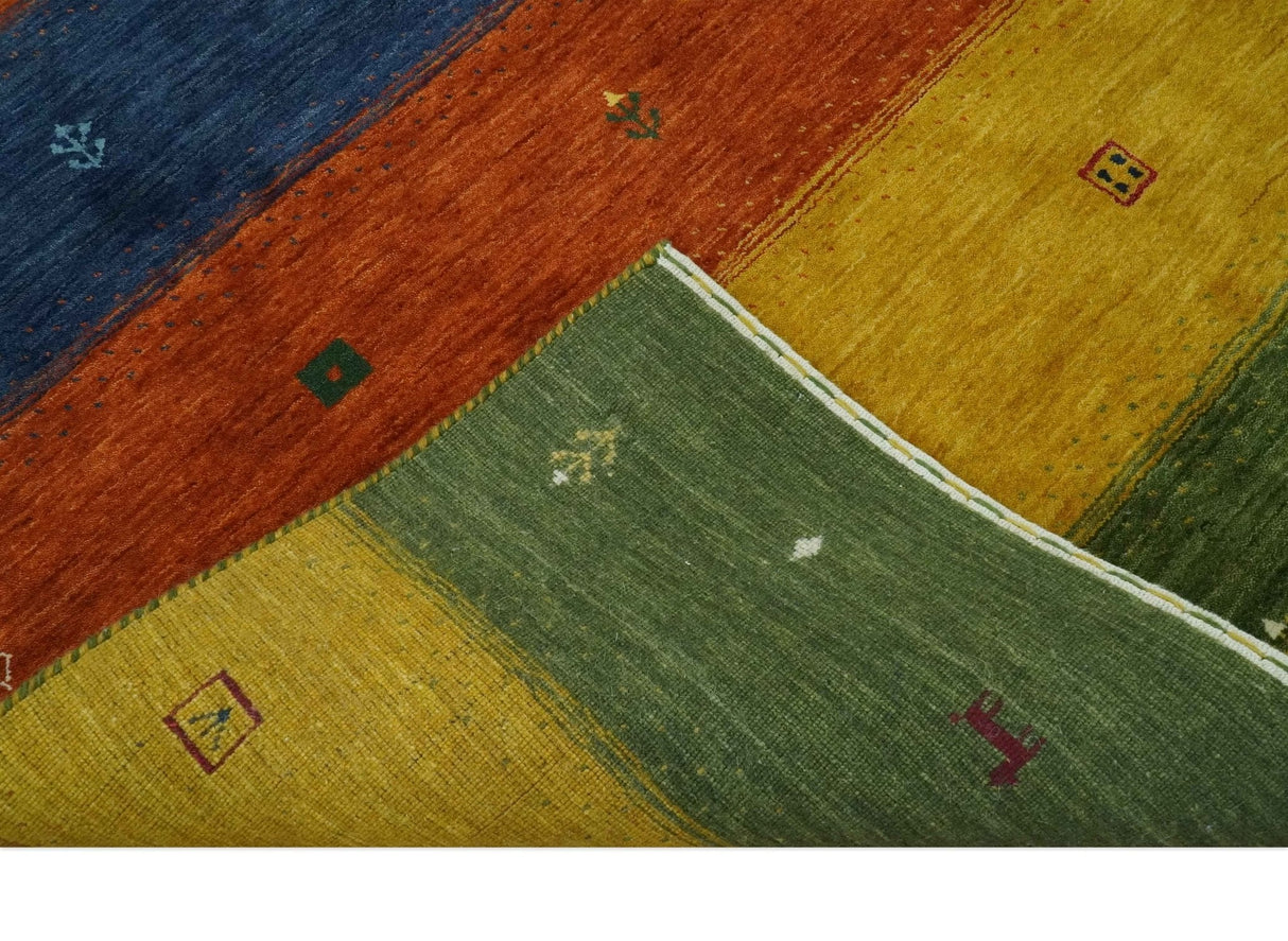 Tribal Gabbeh Green, Gold, Rust and Blue Stripes Design Multi Size Wool area Rug