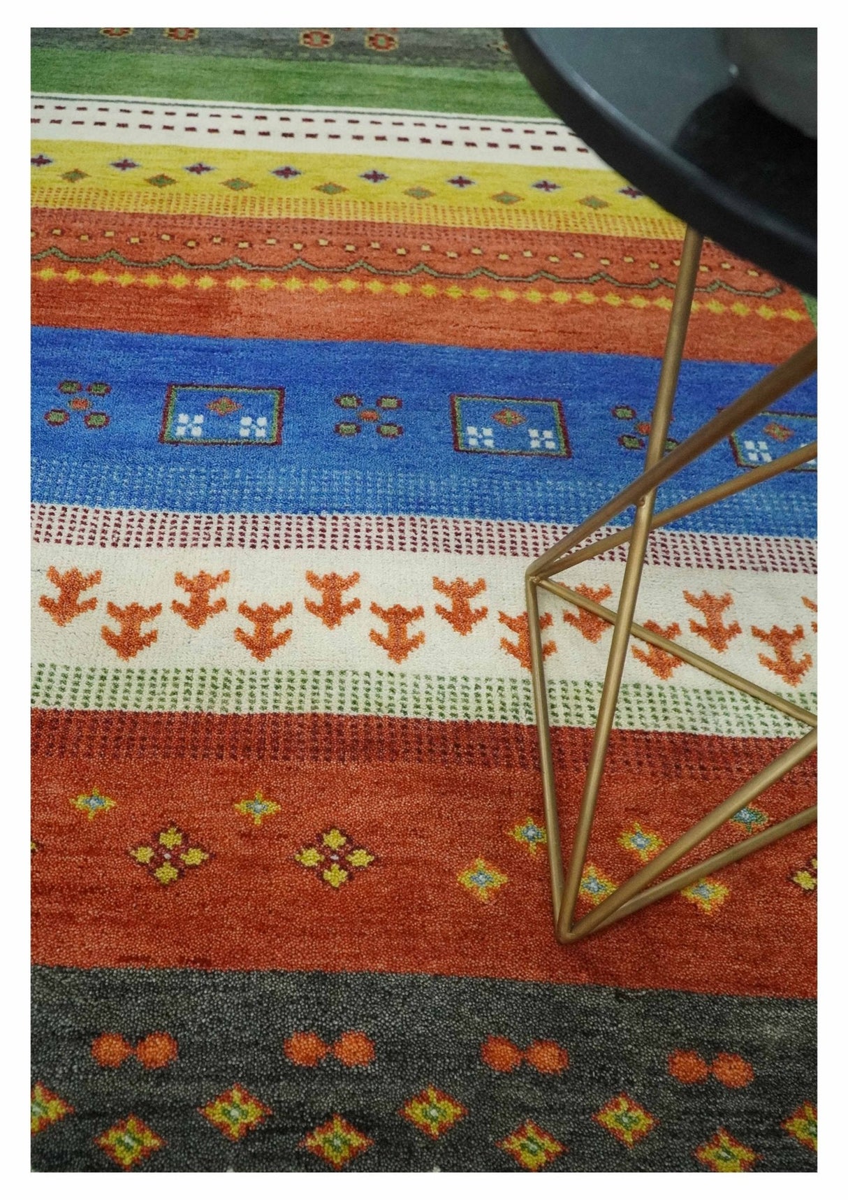 Tribal Gabbeh Green, Rust, Blue and Gold Hand knotted Antique Style Traditional Wool Area Rug