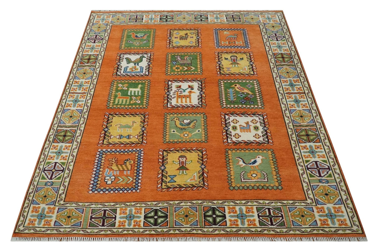 Tribal Gabbeh Rust, Ivory, Green and Beige Hand knotted Multi Size Antique Look Traditional Wool Area Rug