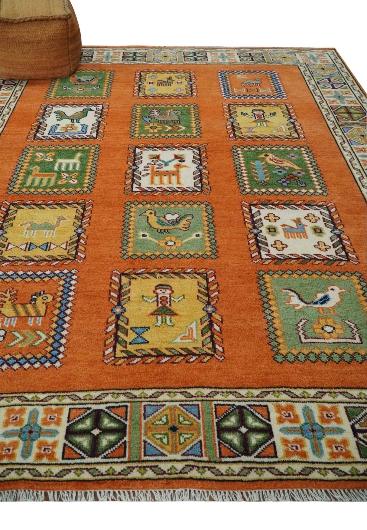Tribal Gabbeh Rust, Ivory, Green and Beige Hand knotted Multi Size Antique Look Traditional Wool Area Rug