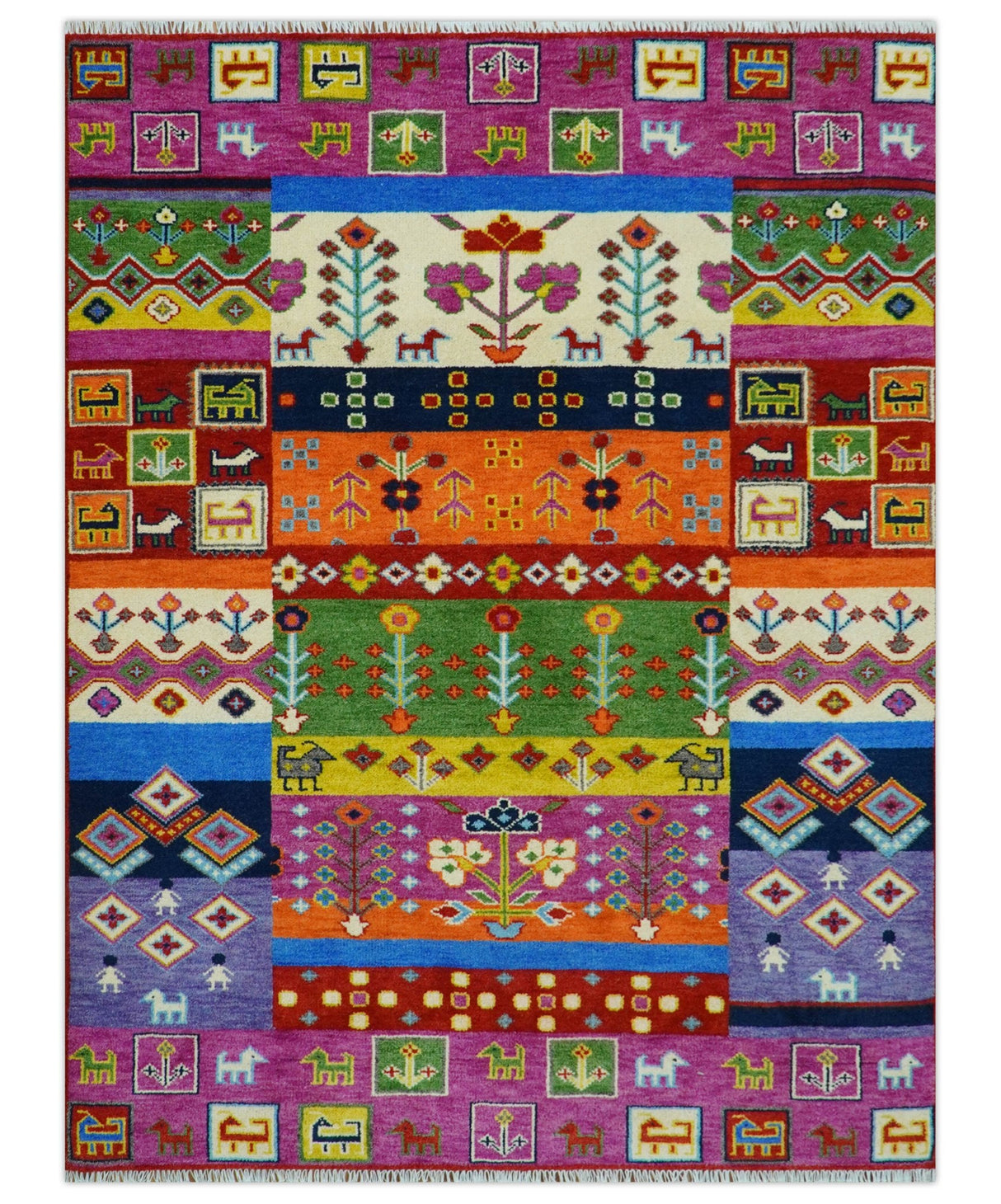 Tribal Gabbeh Rust, Ivory, Green and Pink Hand knotted Antique Look Traditional Wool Area Rug