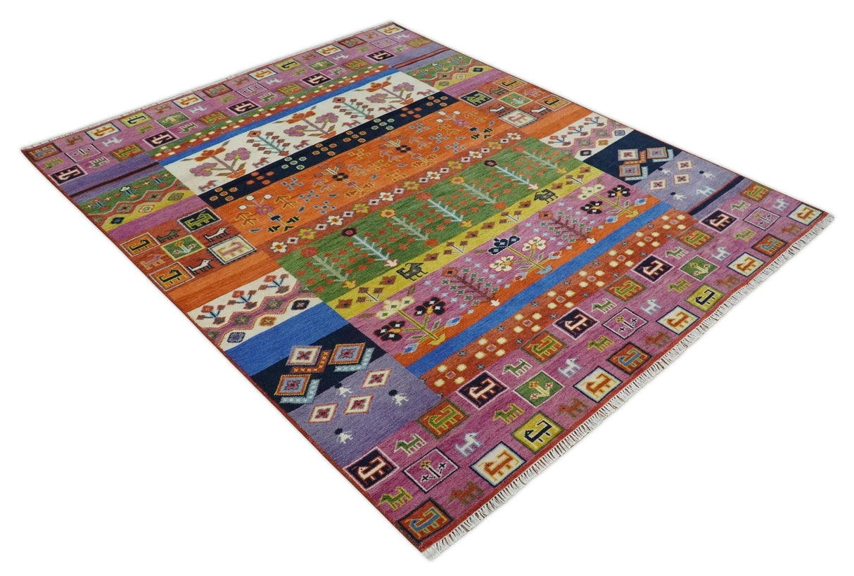 Tribal Gabbeh Rust, Ivory, Green and Pink Hand knotted Antique Look Traditional Wool Area Rug