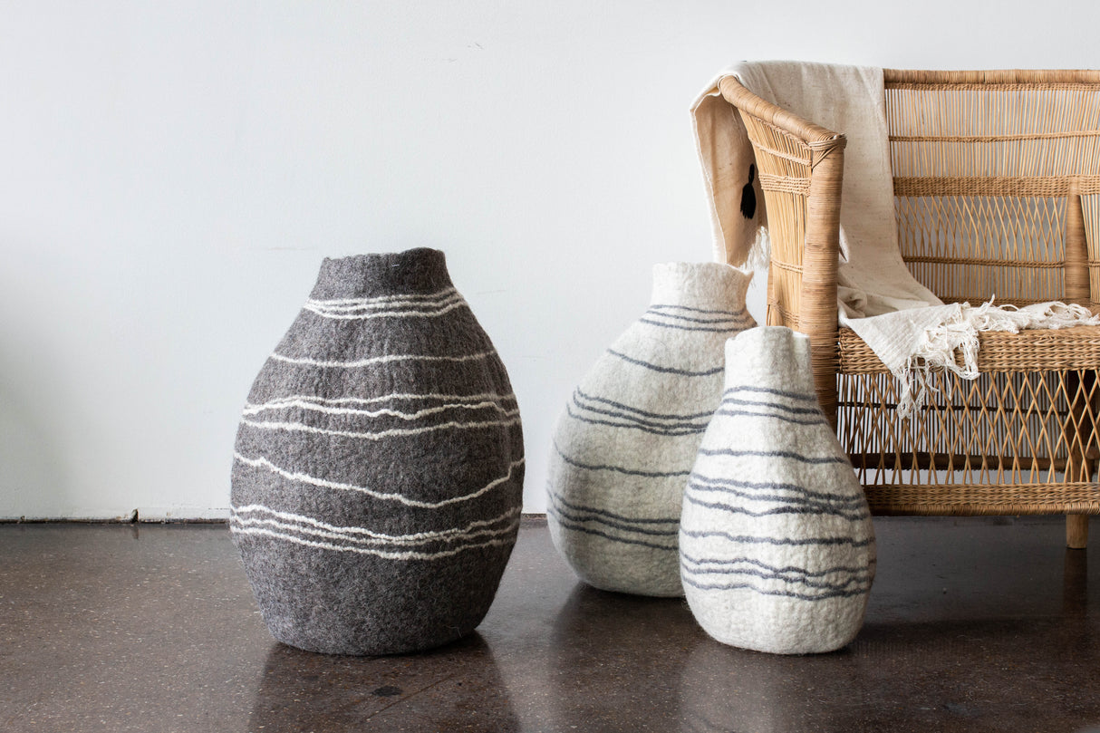 Tribal Lines Grey Hand-Felted Wool Gourd Basket-Baskets-Parc Decor