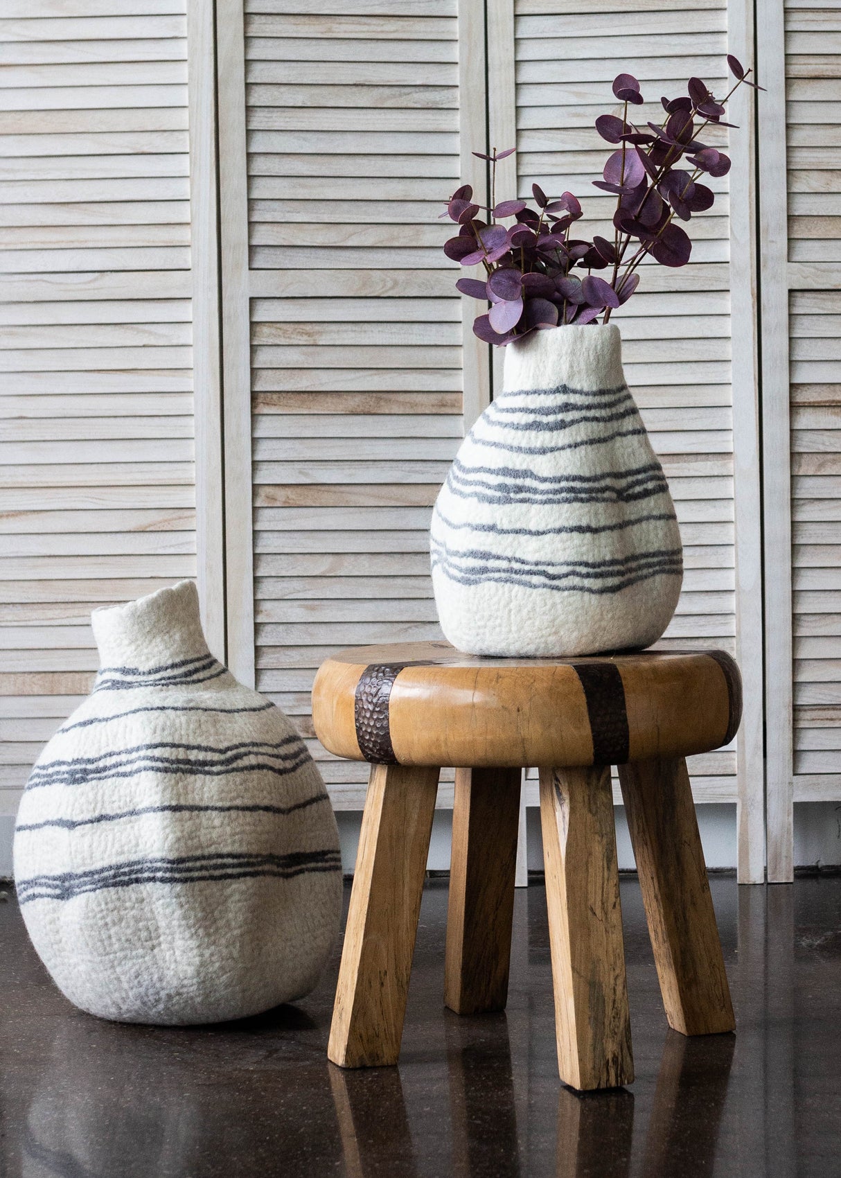 Tribal Lines Hand-Felted Wool Natural White Gourd Basket-Baskets & Vessels-Parc Decor