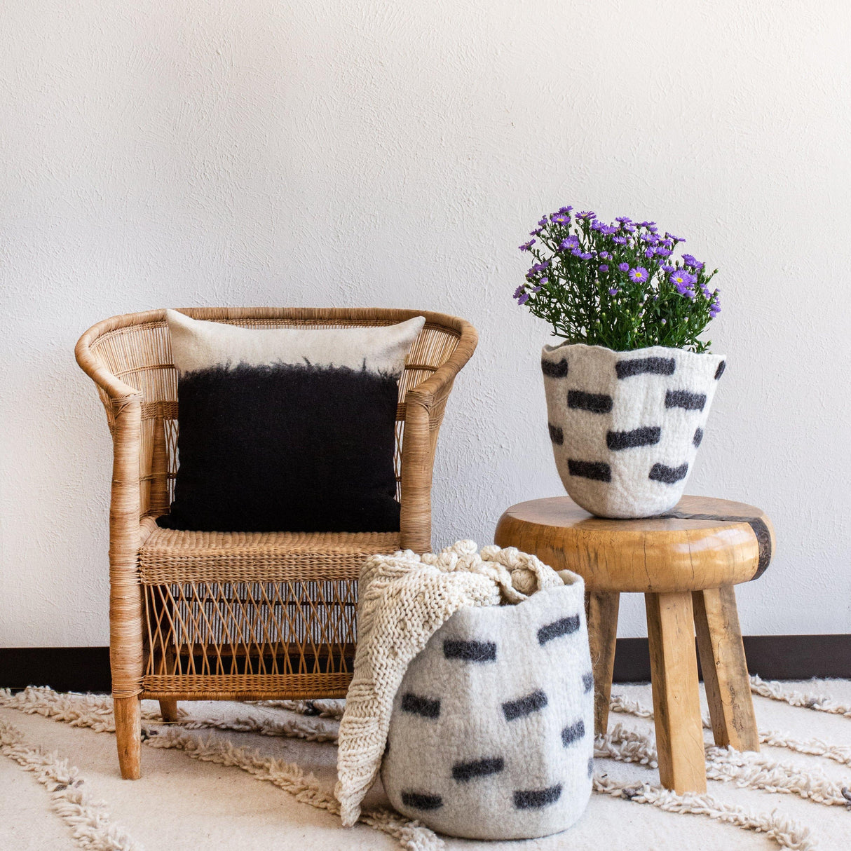 Tribal Repeat Black and Ivory Wool Storage Basket-Baskets & Vessels-Parc Decor