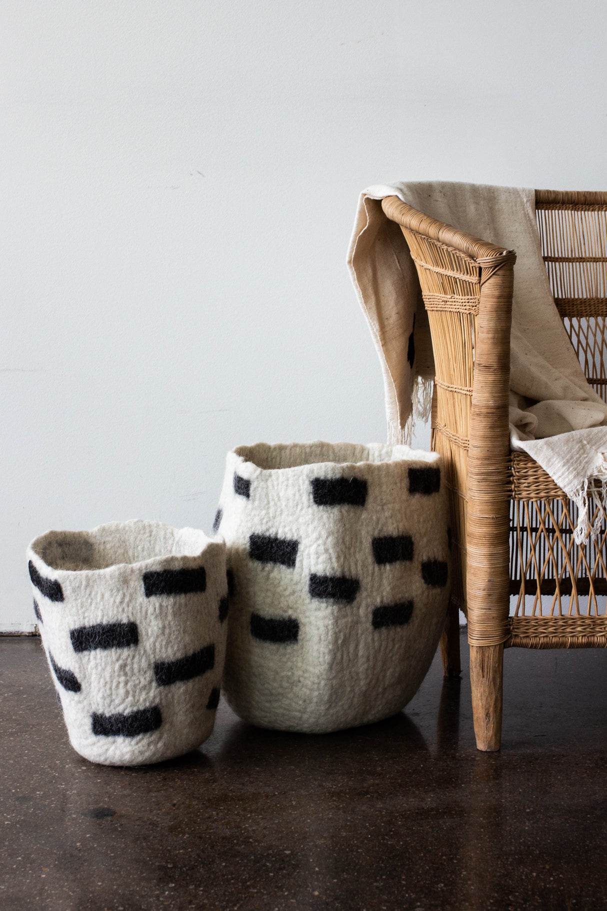 Tribal Repeat Black and Ivory Wool Storage Basket-Baskets & Vessels-Parc Decor