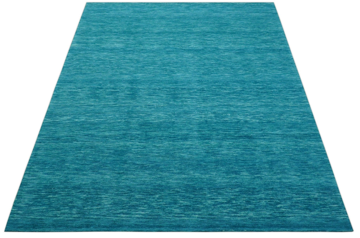 Trident Custom Made Solid Modern Blue Hand Tufted Wool Area Rug