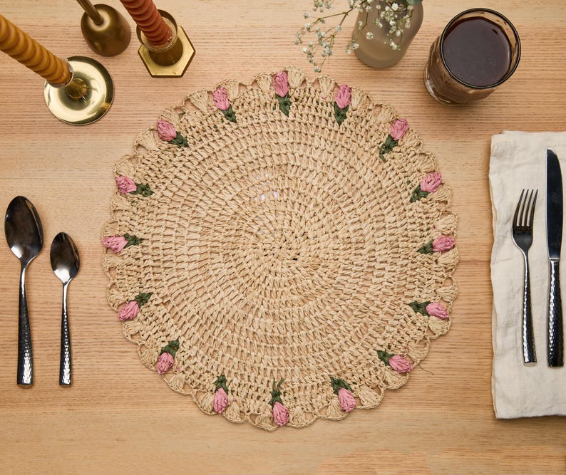 Tulip Floral Placemats – Hand-Crocheted Raffia Palm Floral Placemats – Spring Table Decor-table tops-Parc Decor