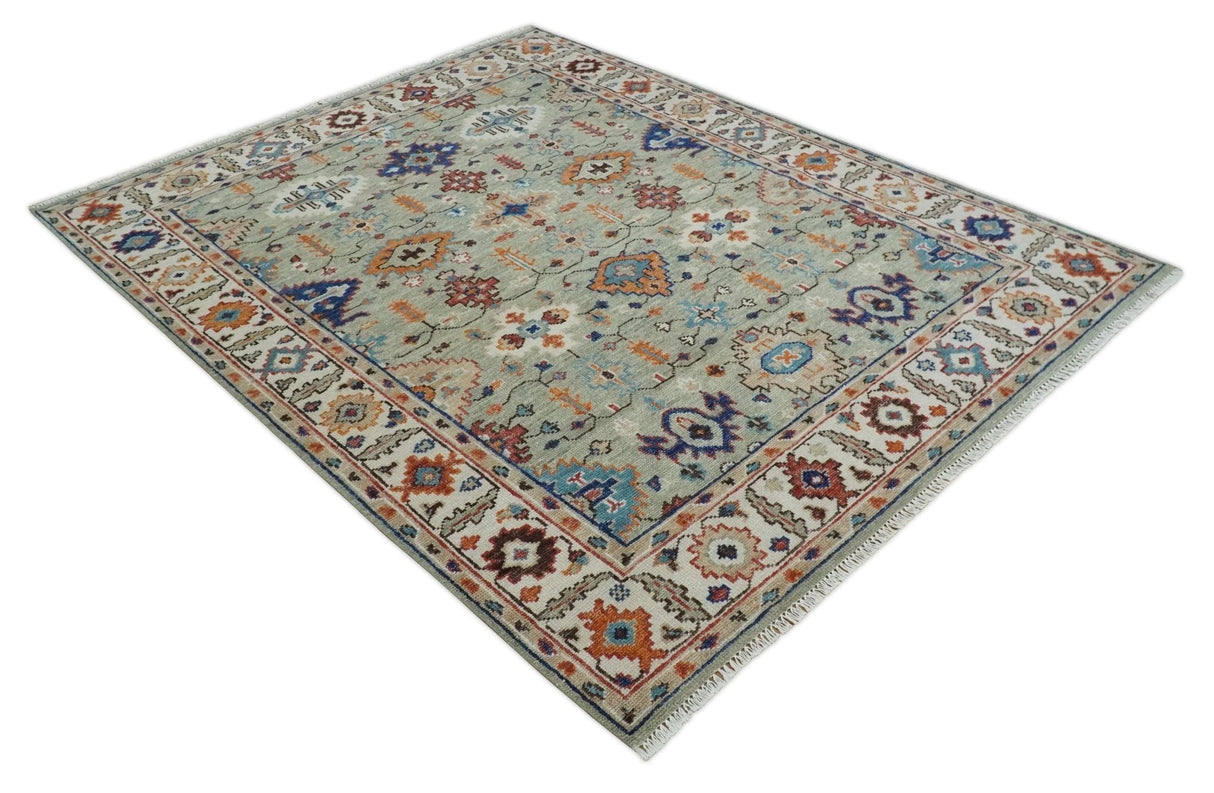Turkish Knot Antique Green and Ivory Traditional Hand knotted Wool Rug