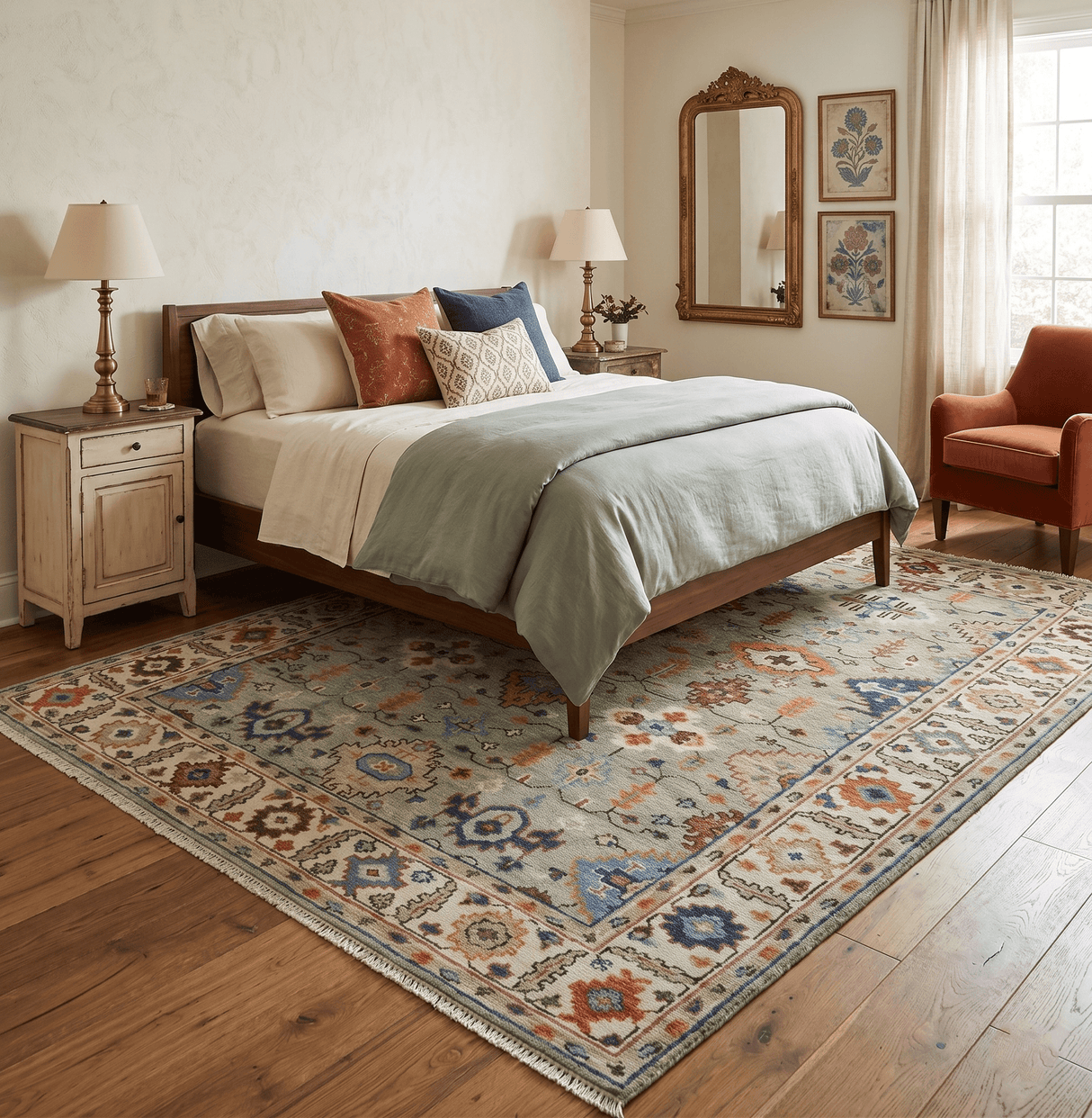 Turkish Knot Antique Green and Ivory Traditional Hand knotted Wool Rug