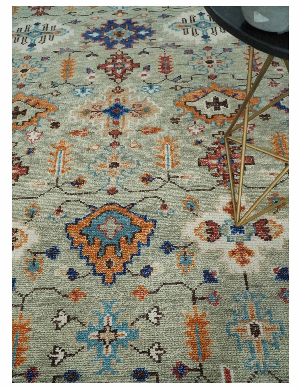 Turkish Knot Antique Green and Ivory Traditional Hand knotted Wool Rug
