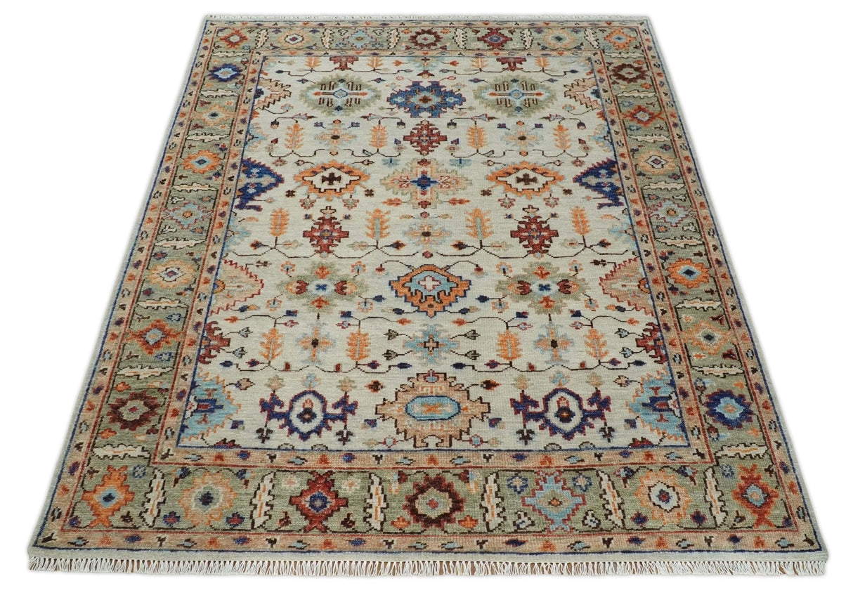 Turkish Knot Ivory and Green Colorful Traditional Multi Size Hand knotted Oushak Rug