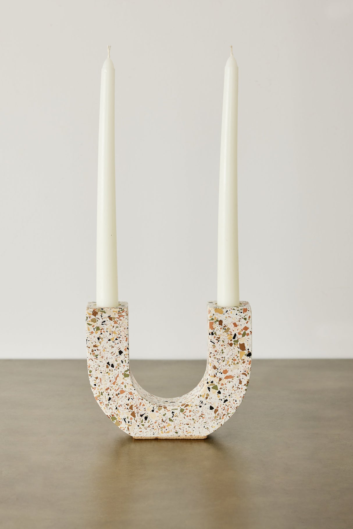 U-shaped Neutral Terrazzo Taper Candle Holder-Décor-Parc Decor