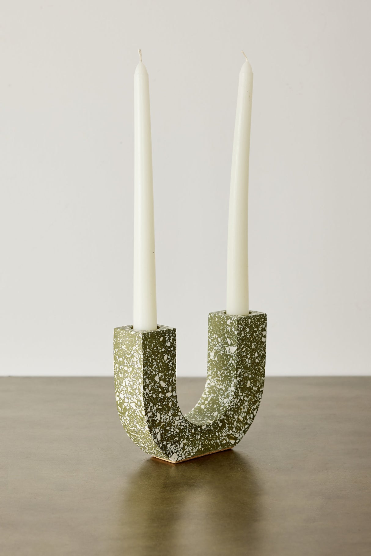 U-shaped Olive Terrazzo Taper Candle Holder-Décor-Parc Decor