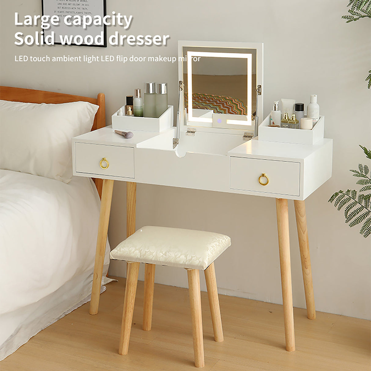 Vanity Desk Set with LED Lighted Mirror-Bedroom-Parc Decor
