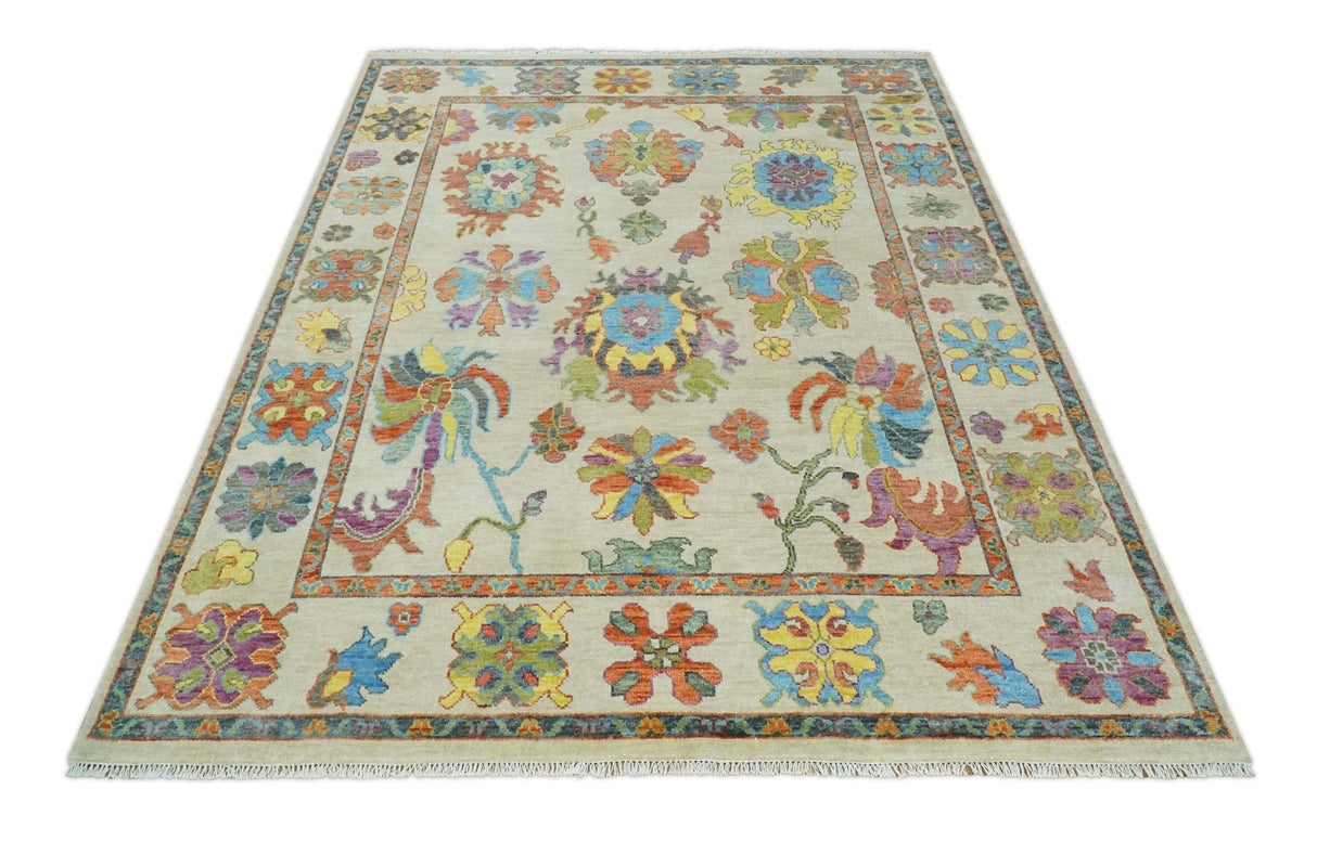 Vibrant colorful Beige And Rust Hand Knotted Traditional Oushak wool Area Rug