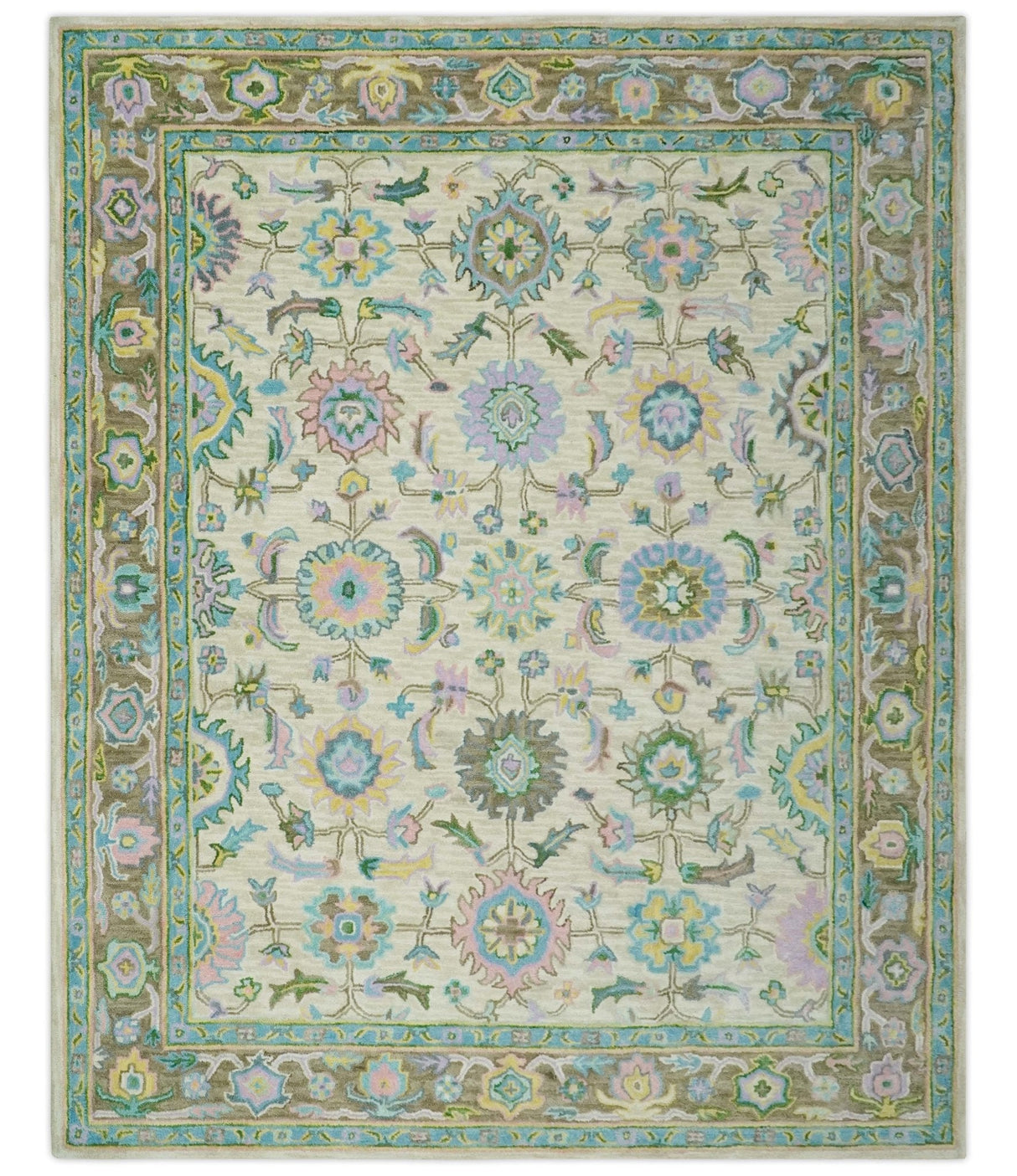 Vibrant Colorful Beige, Blue and Purple Traditional Floral Hand Tufted 8x10 wool rug