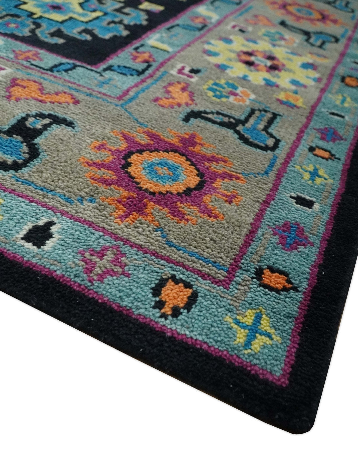 Vibrant Colorful Black, Beige, Purple and Blue Hand Knotted Traditional Oushak Custom Made wool Area Rug