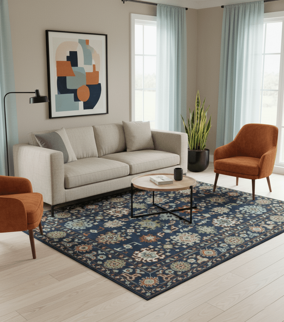 Vibrant colorful Blue, Rust, Ivory and Olive Hand knotted Traditional Oushak Custom Made wool Area Rug