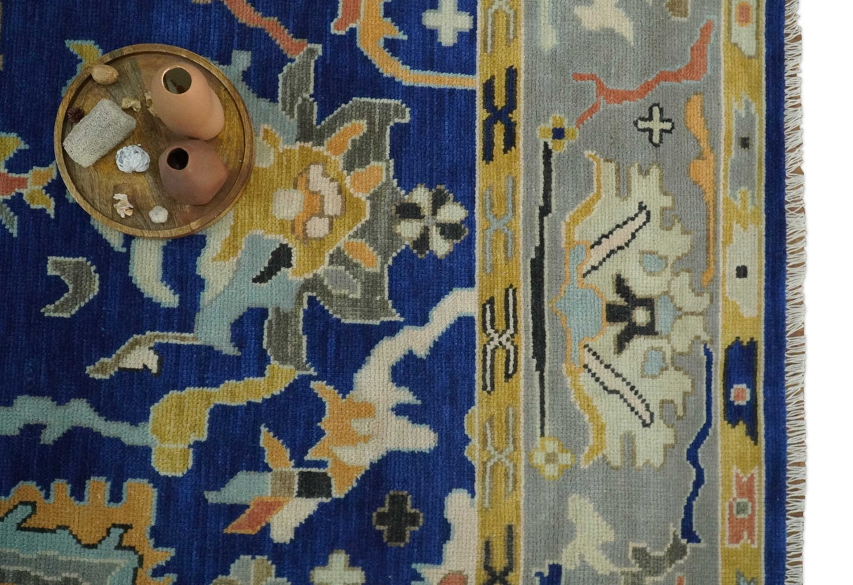 Vibrant Colorful Blue, Silver and Mustard Hand knotted Traditional Oushak Multi Size wool Area Rug