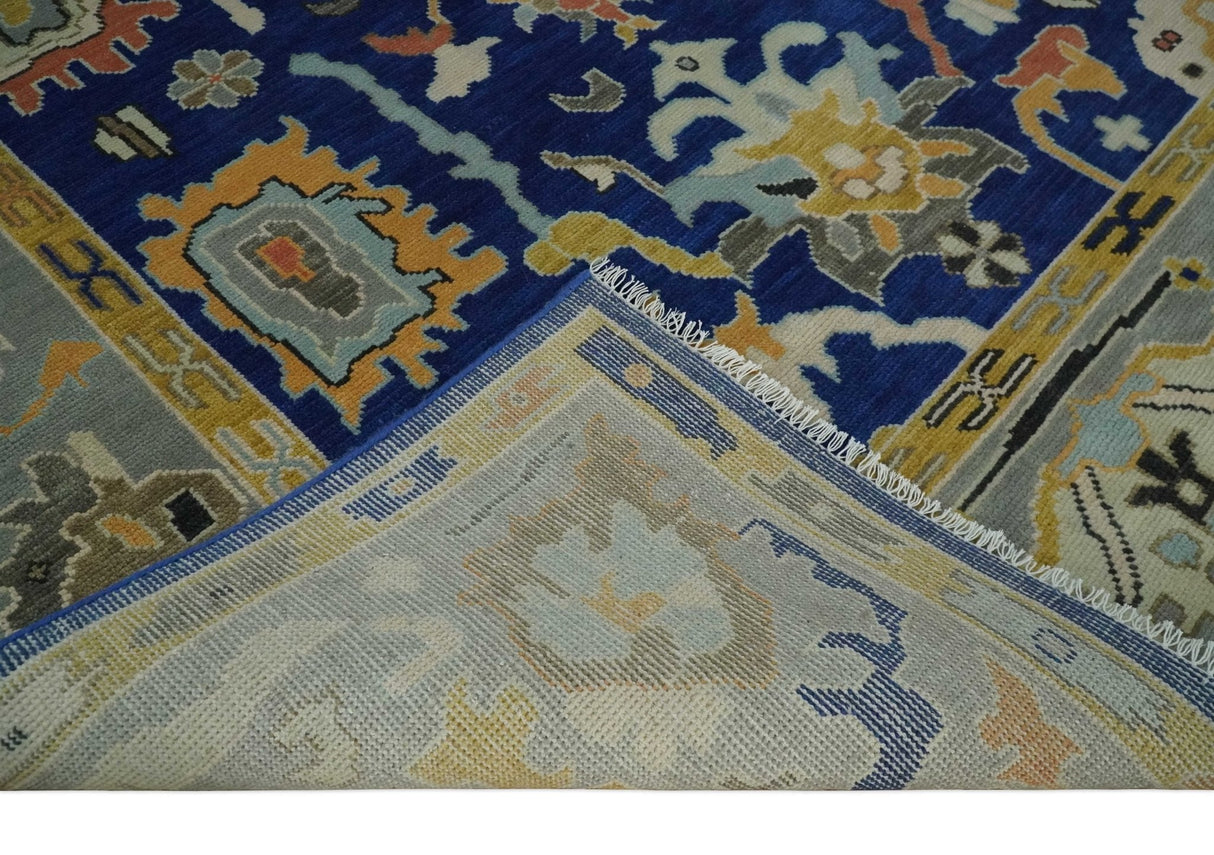 Vibrant Colorful Blue, Silver and Mustard Hand knotted Traditional Oushak Multi Size wool Area Rug