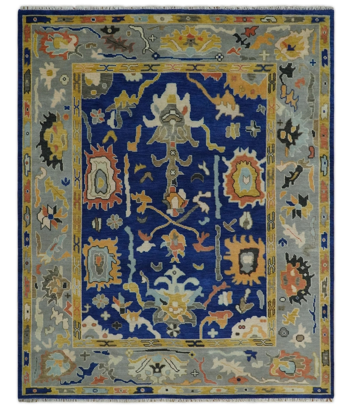 Vibrant Colorful Blue, Silver and Mustard Hand knotted Traditional Oushak Multi Size wool Area Rug