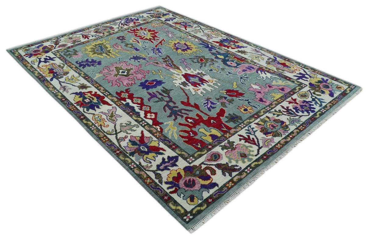 Vibrant colorful Gray And Ivory Hand Knotted Traditional Oushak wool Area Rug
