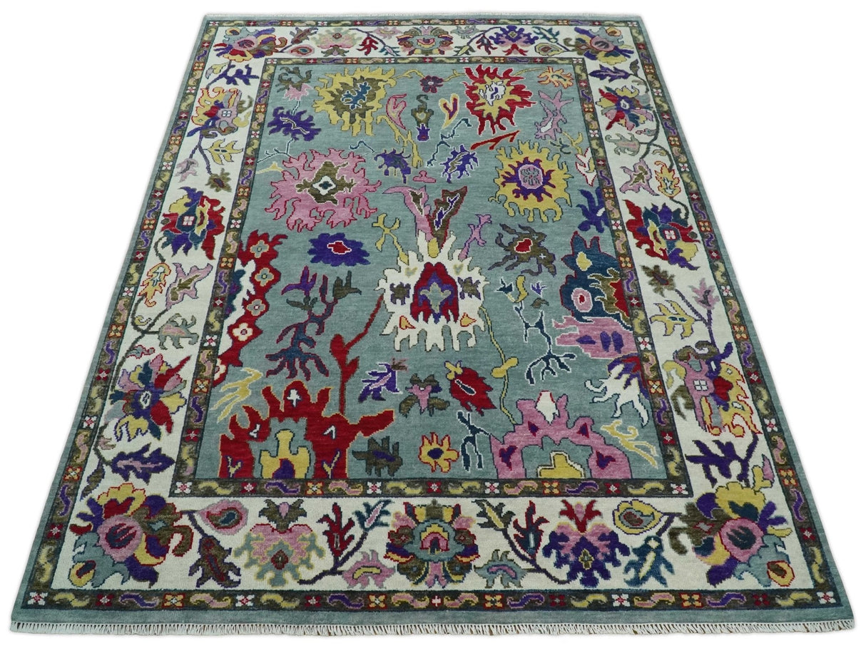 Vibrant colorful Gray And Ivory Hand Knotted Traditional Oushak wool Area Rug