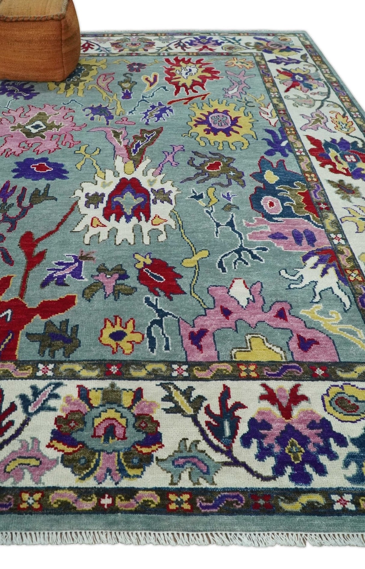 Vibrant colorful Gray And Ivory Hand Knotted Traditional Oushak wool Area Rug